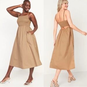 Old Navy Tan Smocked Midi Dress Back Cut Out Size Small